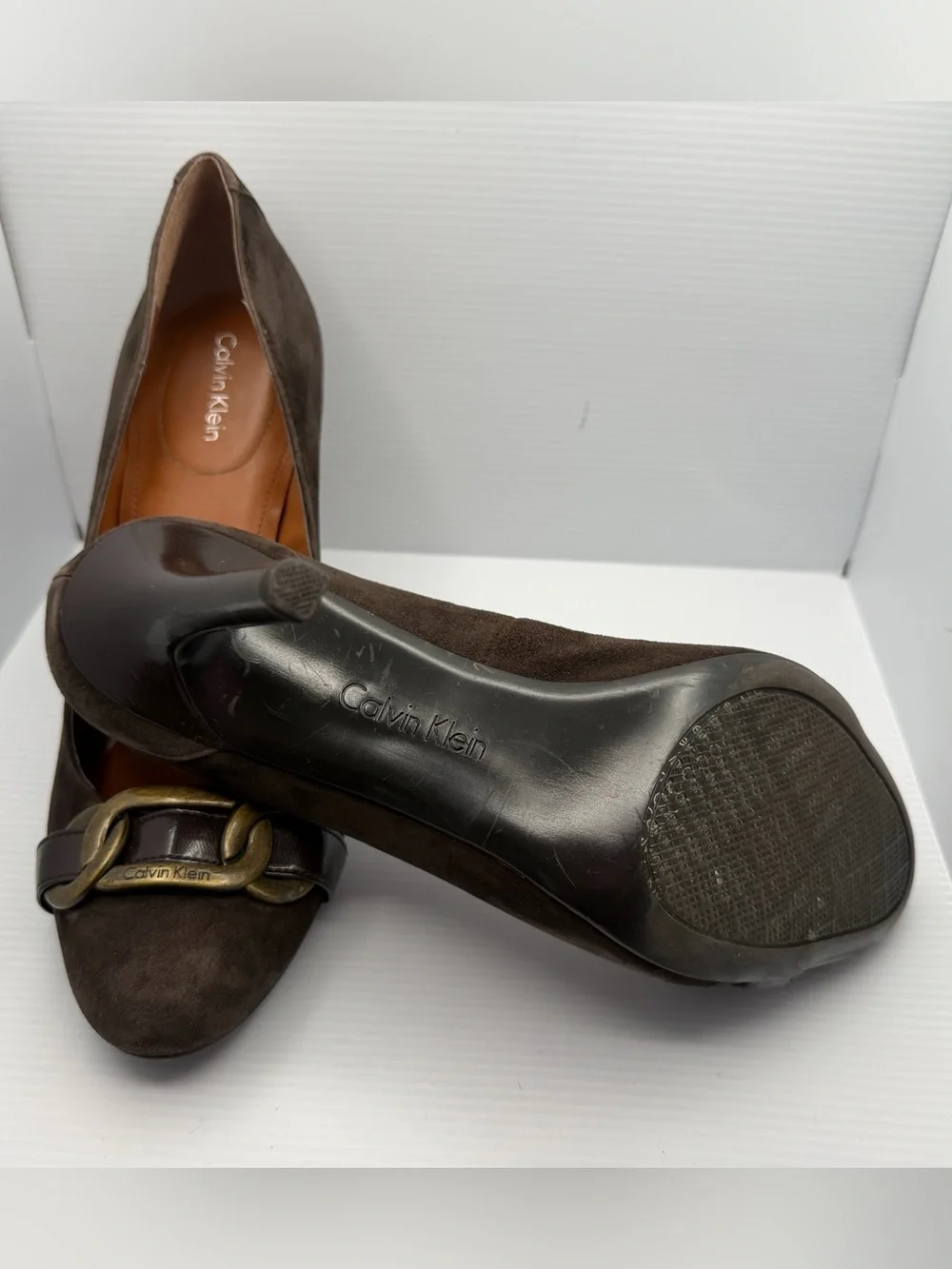 Calvin Klein Dark Brown Suede Pumps with Gold Chain Accent